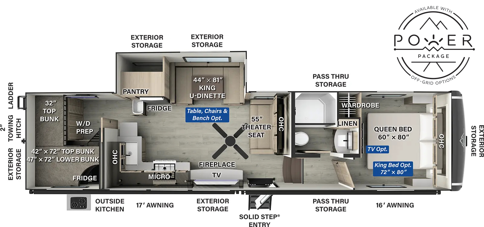 The Flagstaff Classic Fifth Wheels F374DBH floorplan has one entry and one slide out. Exterior features include: fiberglass exterior, 17' & 16' awning and outside kitchen. Interiors features include: bunk beds, u-dinette and front bedroom.